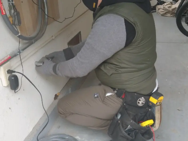 Electrician performing outlet wiring in a Mount Carmel garage